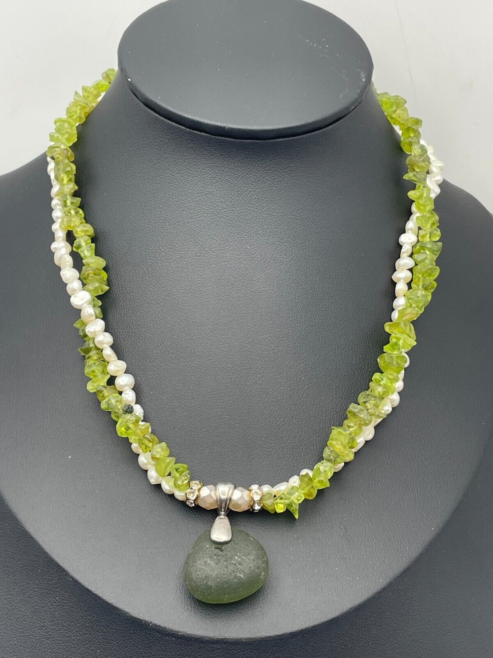 Freshwater Pearls Green Gemstone Sea Glass Pendant 2 Strand Necklace 925 Clasp